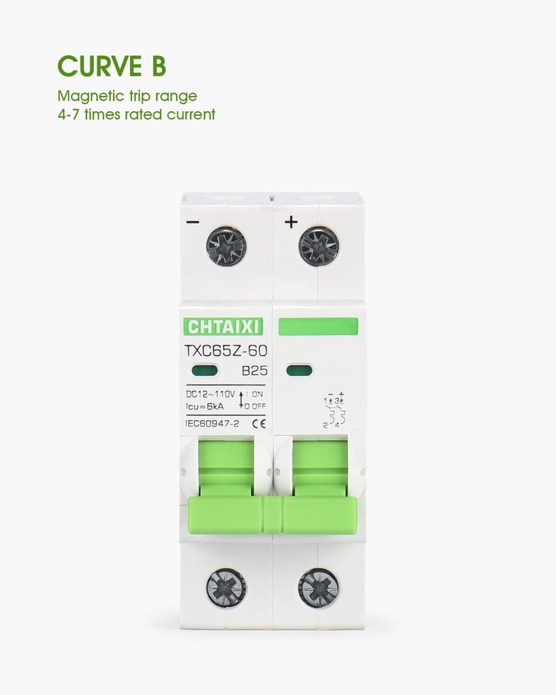 CHTAIXI 12V-110V DC Miniature Circuit Breaker, 25 Amp 2 Pole Battery Breaker Protector for Solar PV System and RV, Thermal Magnetic Trip, DIN Rail Mount, DC Disconnect Switch B25 - Image 4